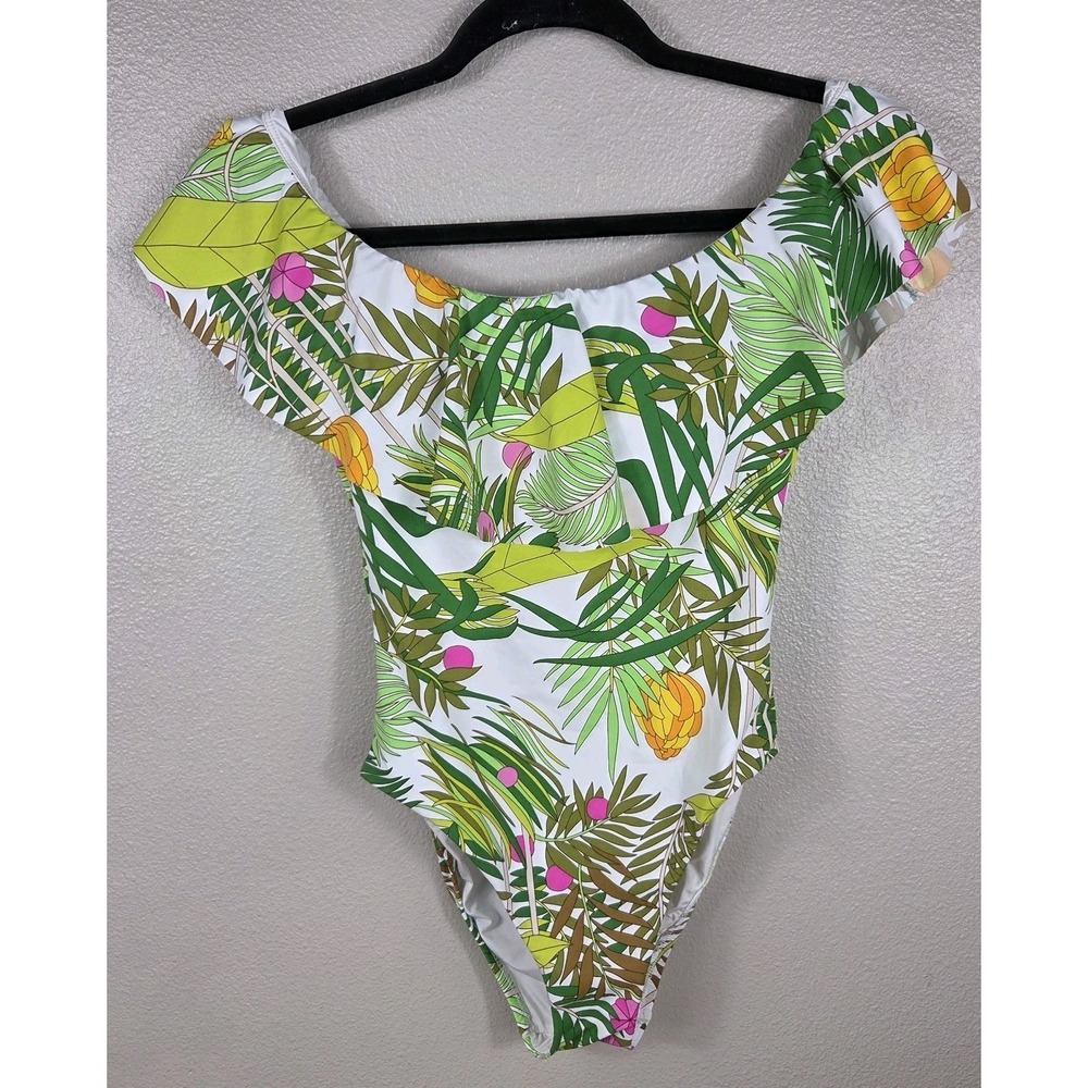 Trina Turk One Piece Swimsuit Womens 6 Tropical Floral‎ Off Shoulder Ruffle...